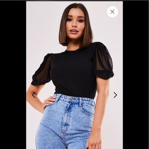 Missguided-black rib mesh puff sleeve bodysuit